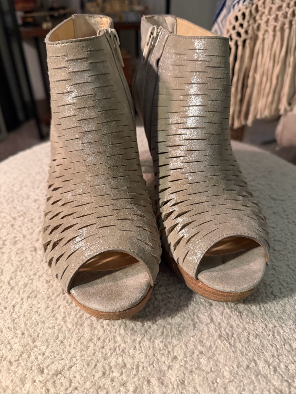 Paul Green Shimmery Taupe Laser-Cut Peep-Toe Ankle Booties